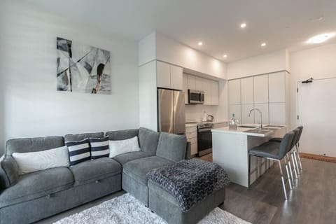Living room is furnished with a pull-out couch and a Smart TV.