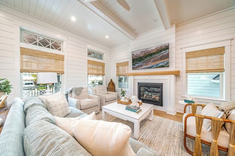 Open living room area with fireplace
