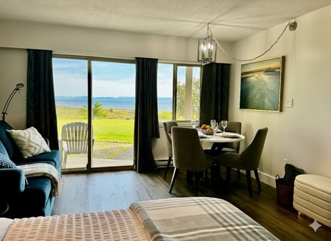 Ocean-front Suite with Coastal mountain views overlooking the Salish Sea.