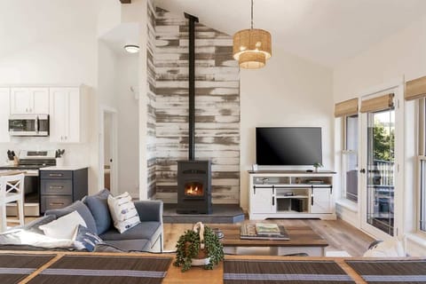 Great room with pellet stove, TV, and Nintendo entrainment system