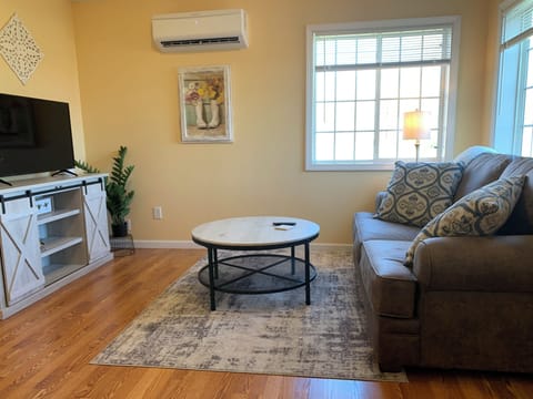 Living room with smart TV, loveseat, coffee table and heat pump/AC unit. 