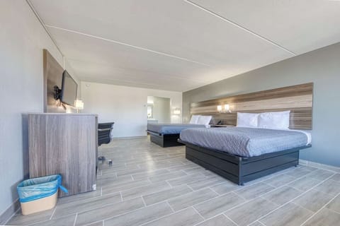 Stretch out in an open layout with two beds and lounge space.