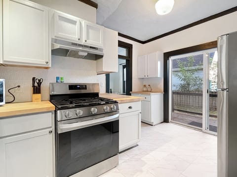 Kitchen with deck off to the side.  