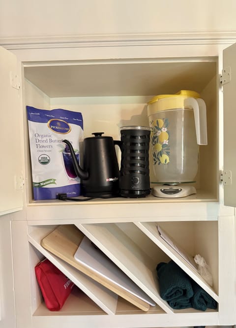 First aid kit, cutting boards, water kettle pitcher for ice tea, milk frothier!