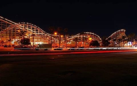 The vibrant lights illuminate the sky, casting a magical glow over one of the oldest wooden roller coasters in existence, the 1925 Giant Dipper.  Feel the exhilaration as it weaves and twists, its timeless charm adding a touch of nostalgia and energy