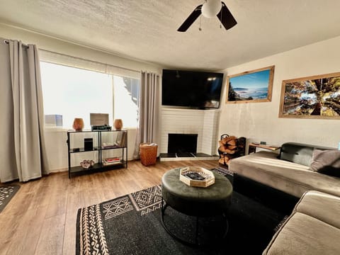 Warm and cozy living area with 70 inch screen tv, fireplace, and record player