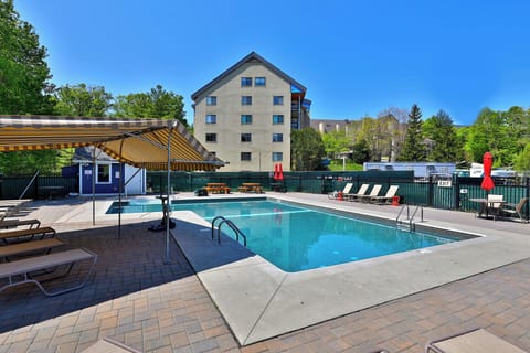 Loungers and shaded tables surround the outdoor pool on a sunny brick deck.