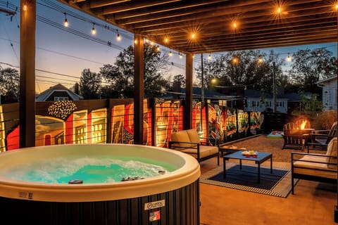 Private entertaining yard with hot tub fire pit