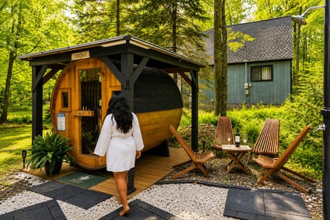 Enjoy a private outdoor barrel sauna designed for relaxation and wellness. 