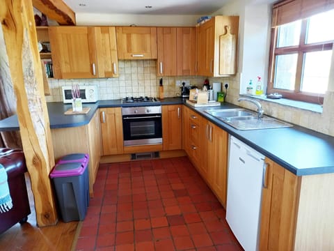 Kitchen with oven, hob, sink, microwave