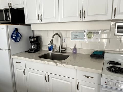 Full kitchen with fridge, stove, microwave and all essentials for cooking.