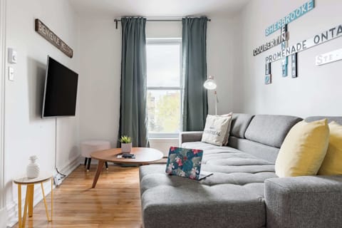 Cozy living area with a comfortable sofa and TV, perfect for relaxing after a day in the city.