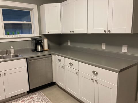 Dishwasher, tableware, silverware, glasses, blender, toaster, cutting boards