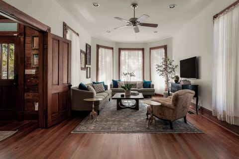 Big living room with bay windows and actual seating