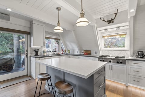 Modern A-frame cabin kitchen with a spacious island, stainless steel appliances, and rustic accents.