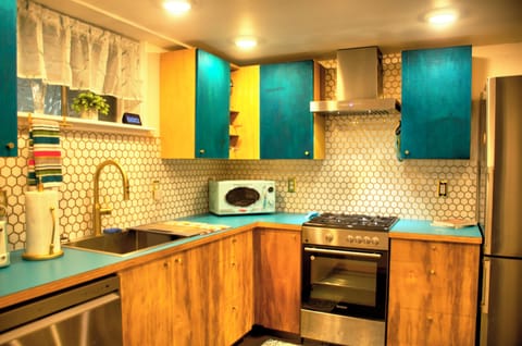 Microwave corner even has a built-in wine rack.