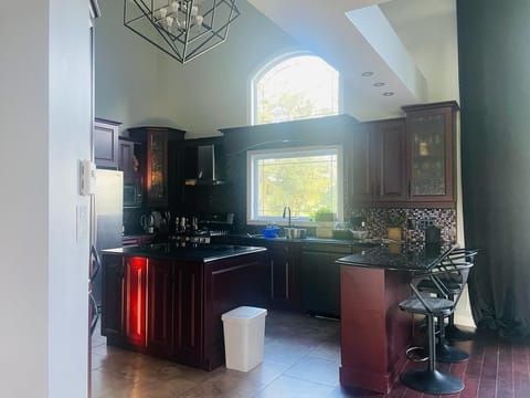 Full kitchen with fridge and gas stove, bar with 3 bar stools