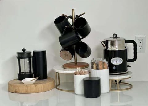 The coffee bar is fully stocked for those who need their daily caffeine fix