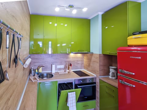 Dishwasher, oven, stove, kettle, toaster, fridge/freezer.