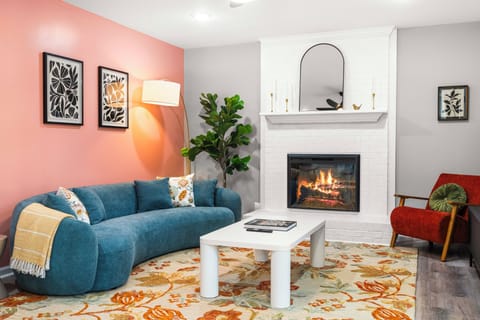 Cozy living room with indoor fireplace