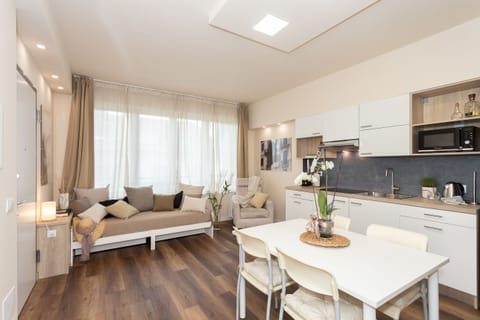 Spacious, bright living room with reclining armchair, 55" SMART TV and modern, equipped kitchen.