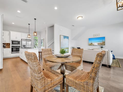 We have an open-concept kitchen, dining, and living area with a smart TV and plenty of board games and books to keep our guests entertained!