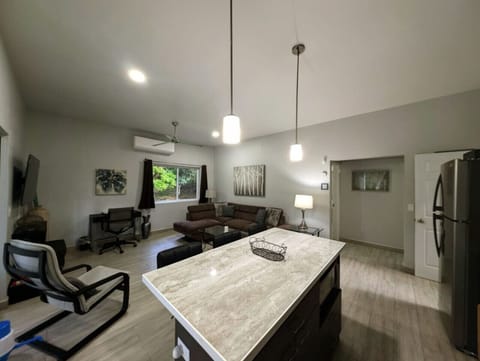 Comfortable living room area & kitchen