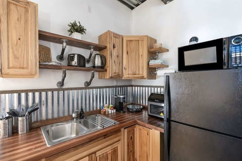 Kitchenette area with Single induction cook top, toaster, refrigerator, kettle and microwave.