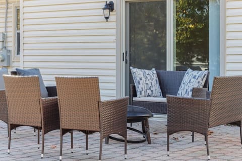 Outdoor seating with a fireplace, make sure to bring your own wood.