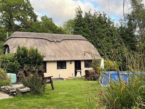 Stag Cottage… detached and thatched with a view of some of the garden furniture, lazyspa hot tub the un-heated pool & well tendered, very large garden…just for you. The lower left side of the property is the games room/gym.