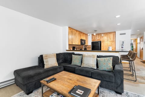 Living area with TV, queen sleeper sofa, fireplace, and balcony access.