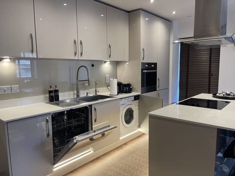 Washer/dryer, dish washer, hot water boiler, oven, fridge