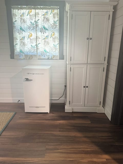 Small refrigerator and storage cupboard in master bedroom