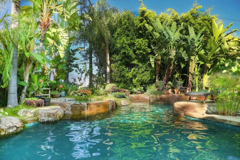 A private retreat nestled in the Pasadena hills with pool, spa + waterfall