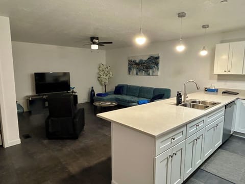 Large kitchen island open to living room. Excellent for cooking.