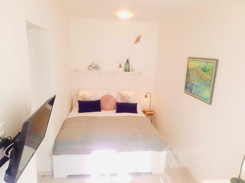 Bedroom with a queen-size bed and a TV.