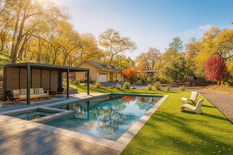 Sun-soaked oasis with a private pool and lounge cabana, your perfect outdoor escape.