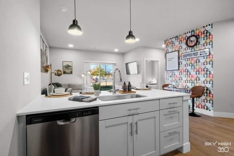 Fully Equipped Kitchen with essentials like: Hand Soap, Dish Soap, Dishwasher Pods, Paper Towels, Salt, Pepper and Oil.