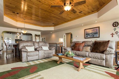 Kitchen and Dining Room seen behind the Living Room