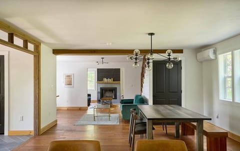 Wood burning fireplace.