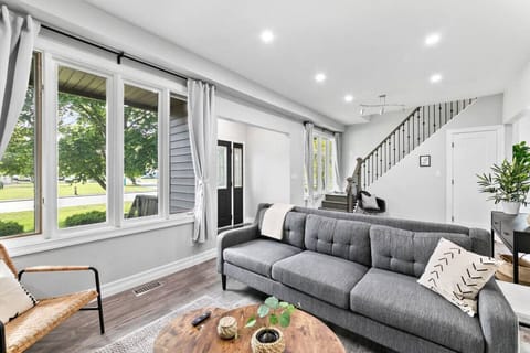 Living room couch with an accent chair to relax with family