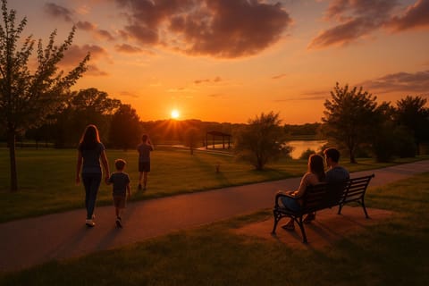 Enjoy the peaceful park view where calm water reflects the sunset, perfect for strolling and relaxation. Cast a line or relax under the wooden pergola with your dog by your side.