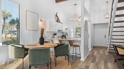 This home has two levels. The ground level has one bedroom and one full bathroom, and the upstairs has two bedrooms and one more full bathroom. 