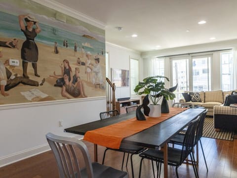 Art-filled dining and living area
