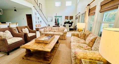 Open concept kitchen, family, and dining room with 18 ft lofted ceilings