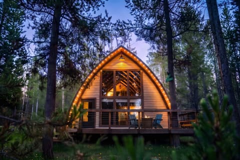 An elevated front deck is tucked among the tall Pine trees.