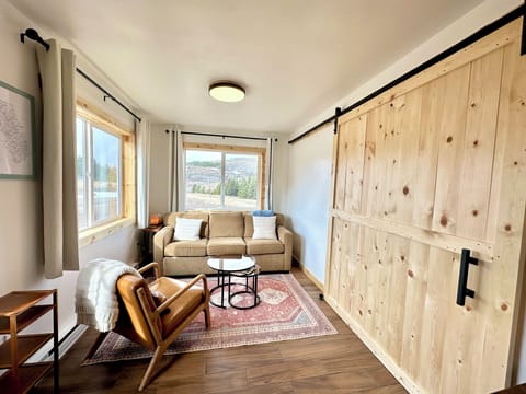 Shoe rack & sleeper sofa. Living room with postcard view of Calf Robe Mountain.