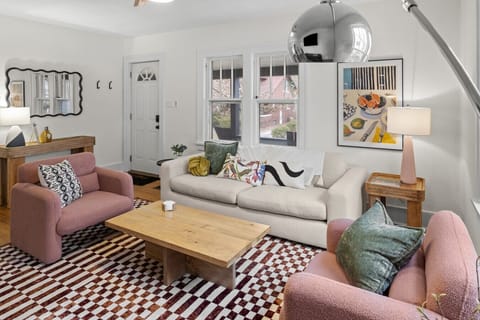 Entering the house, you walk into our eclectic living room. Put your things off to the side on the table, hang your coats on the hook and relax!