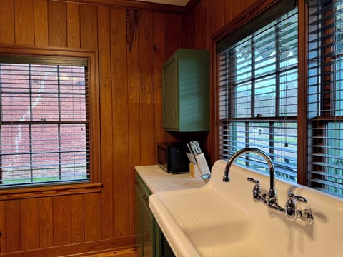 A salvaged vintage sink adds charm to the modern kitchen.
