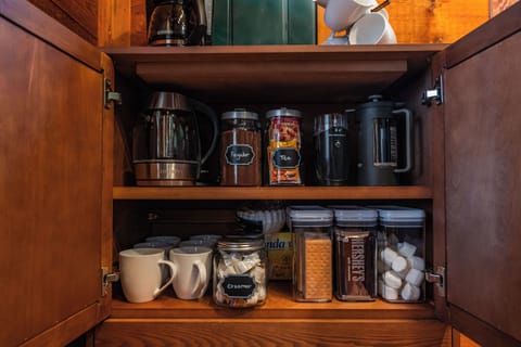 Reg + decaf coffee, tea, smore's fixings, electric kettle, grinder, french press